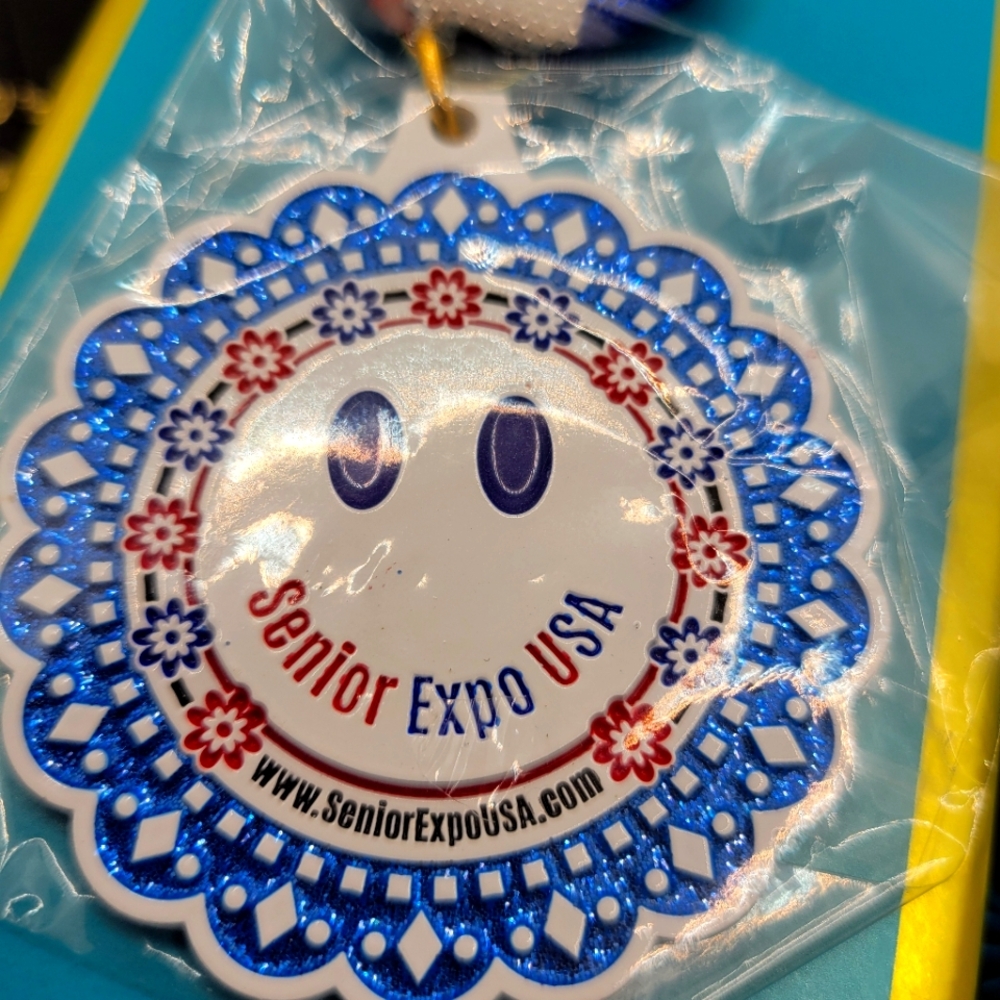 SAN Antonio Senior Expo USA Blue and Red Ornament Fiesta Pin